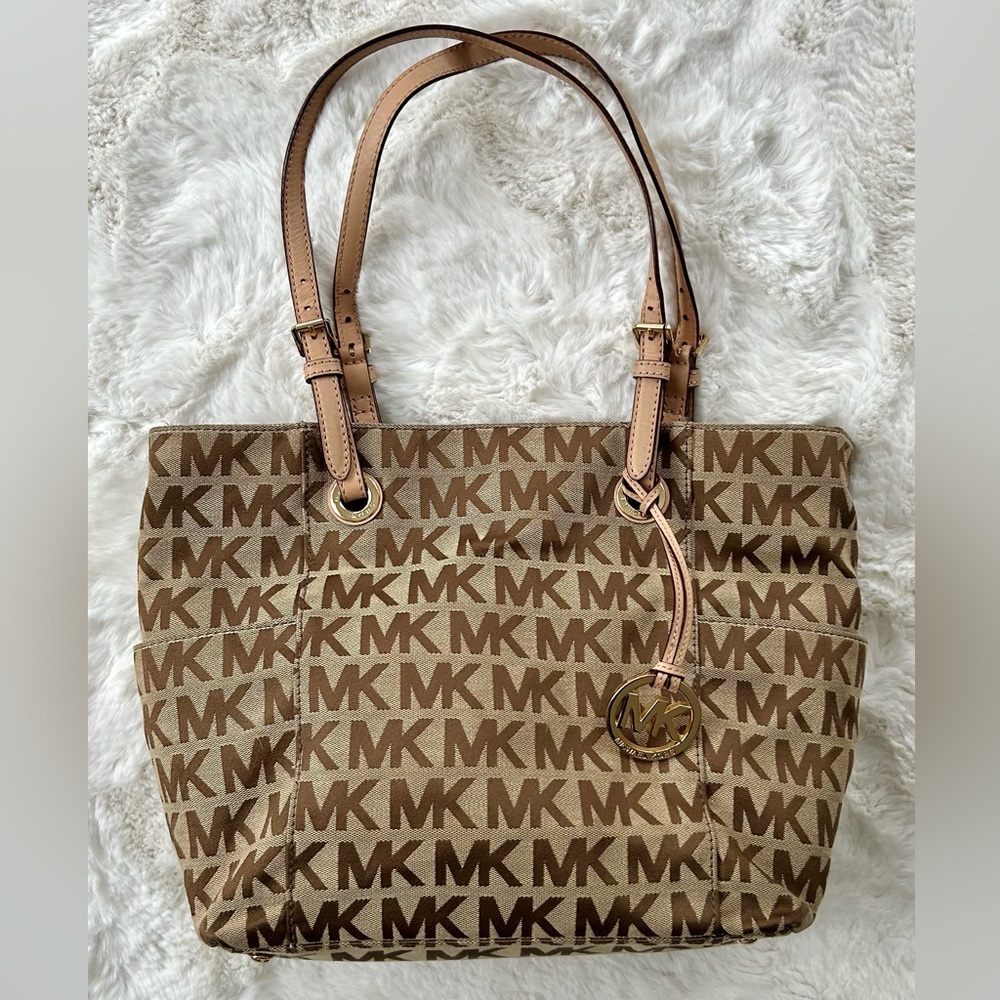 Michael Kors Tan and Brown MK Logo Canvas Tote